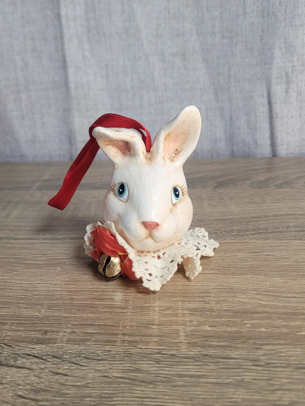 Vintage Whimsical Hand-Painted Bunny Rabbit Ornament W/ Lace Collar Farmhouse
